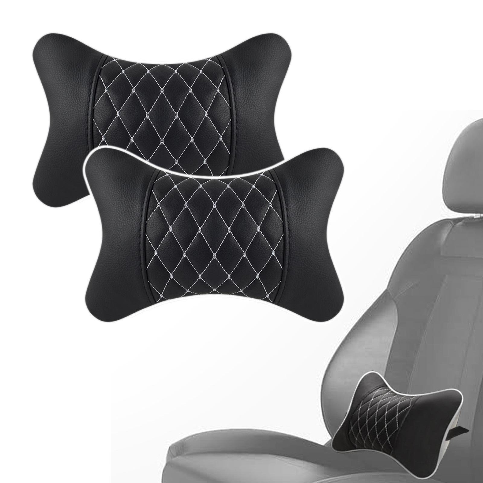 2pc Car Seat Head Neck Rest PU Leather Support Cushion Pad HeadRest Bone Pillow