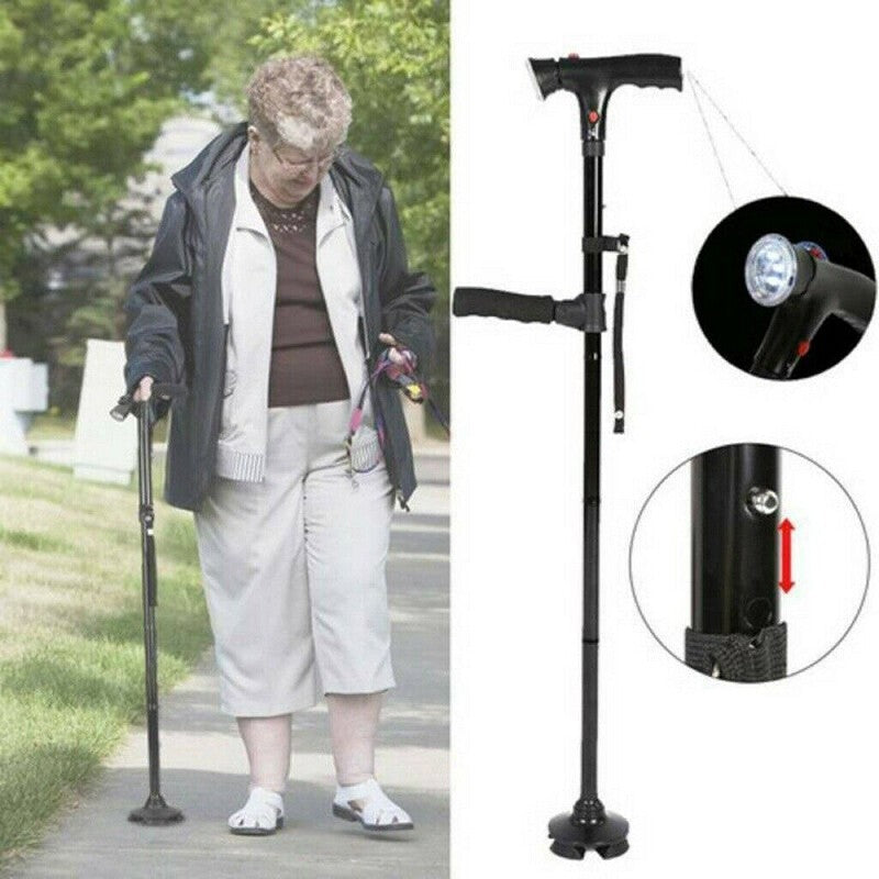 1X Elder Folding Walking Stick Walking Cane Height Adjustable LED Light Alarm