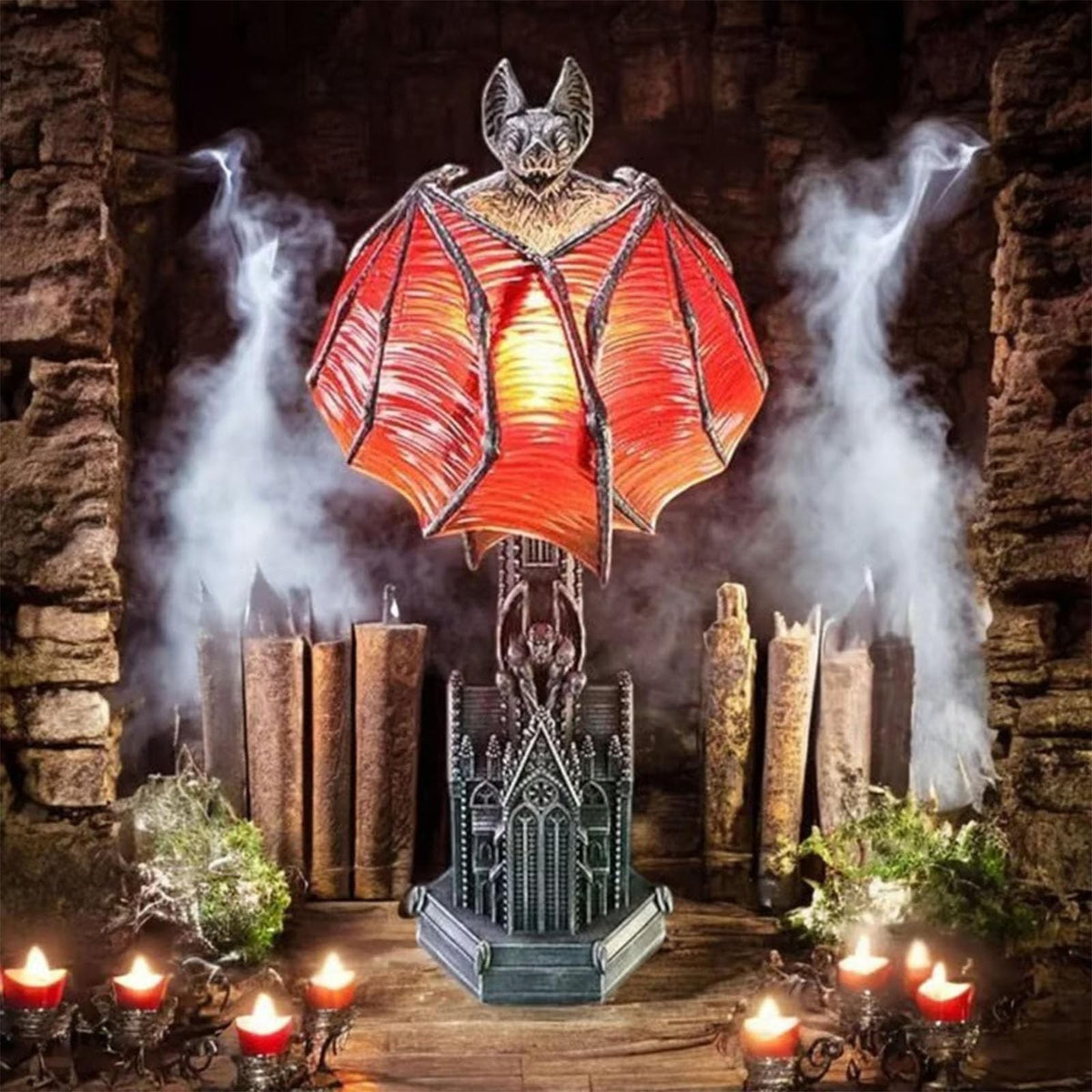 Gothic Bat Wing Halloween Night Light Lamp Red Glow Cathedral Decor