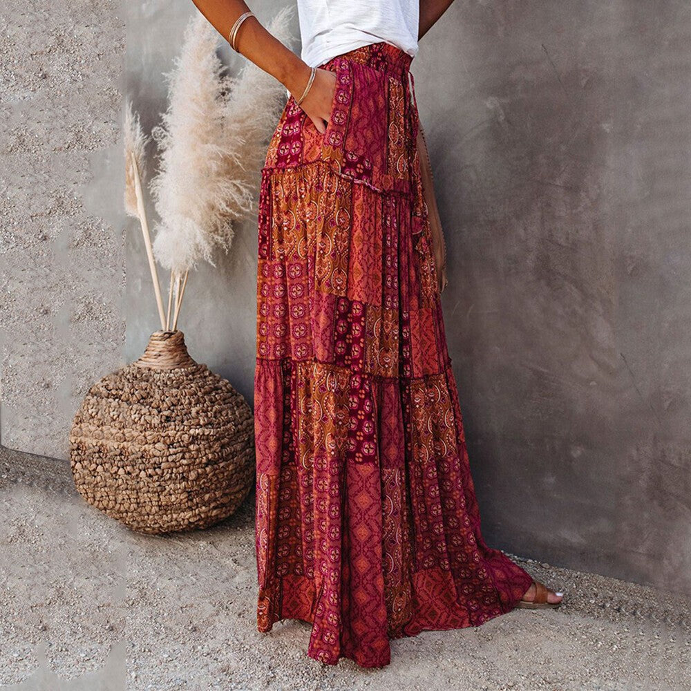 Women Bohemian High Waist Long Skirt Ladies Holiday Swing Baggy Boho Maxi Skirts