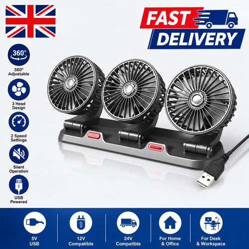 3 Head Car Fan 360° Rotate 2 Speed USB/12V/24V Quiet Cooling Fan for SUV RV