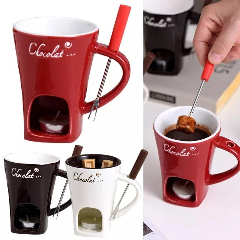 Chocolate Fondue Mugs,Premium Chocolate Fondue Coffee Cup with Fork Melting Mug