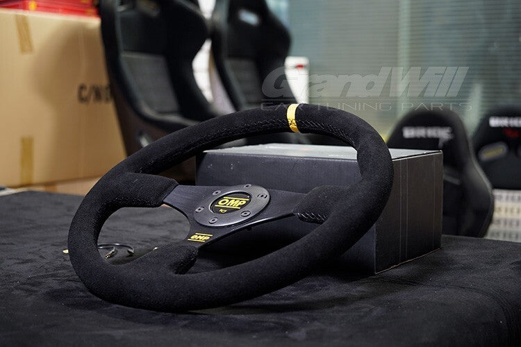 350mm 14' OMP Genuine Suede Leather Black Stitching Flat Sport Steering Wheel