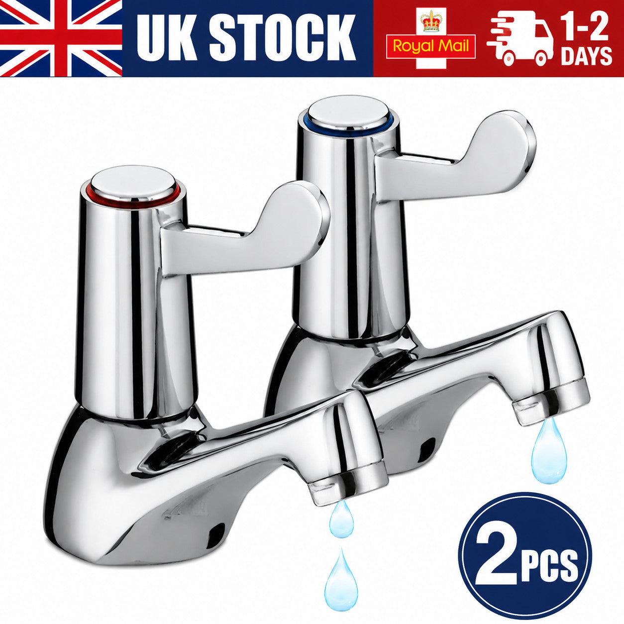 1x Pair Basin Sink Pillar Taps Disabled Lever 1/4 Turn Chrome 1/2" Hot Cold Set