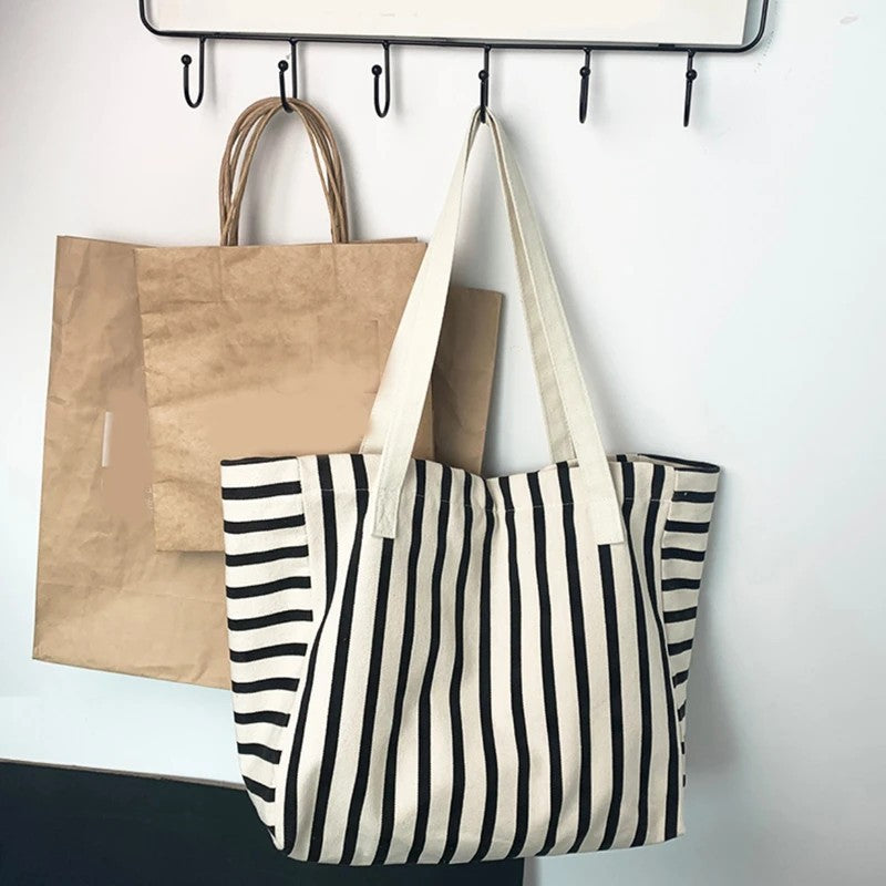 Striped Canvas Beach Tote Women Summer Large Capacity Shopping Shoulder Bag