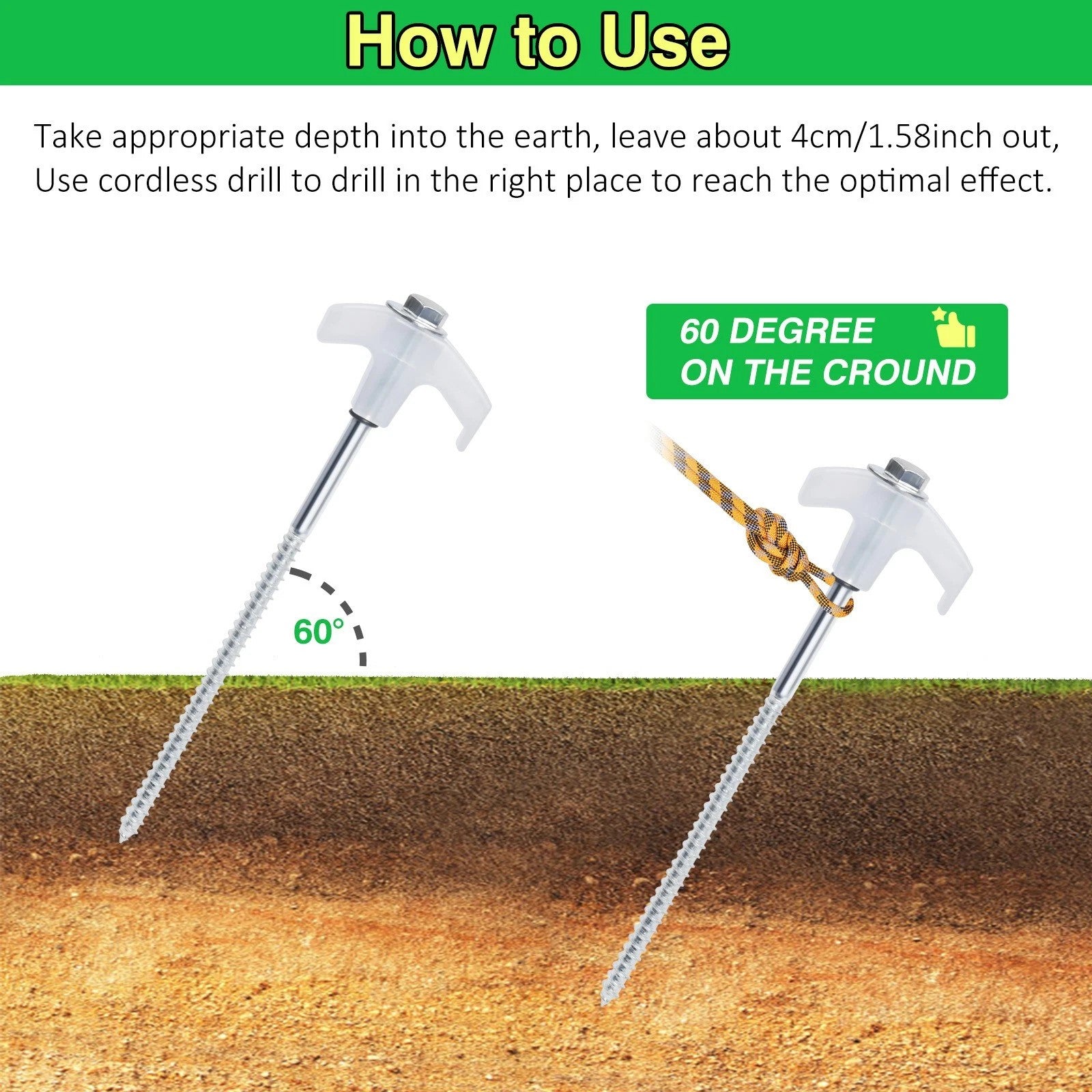 20x Pegs Screw In Drill Top Heavy Duty Ground Pegs In Case Awning Tent Pegs Set