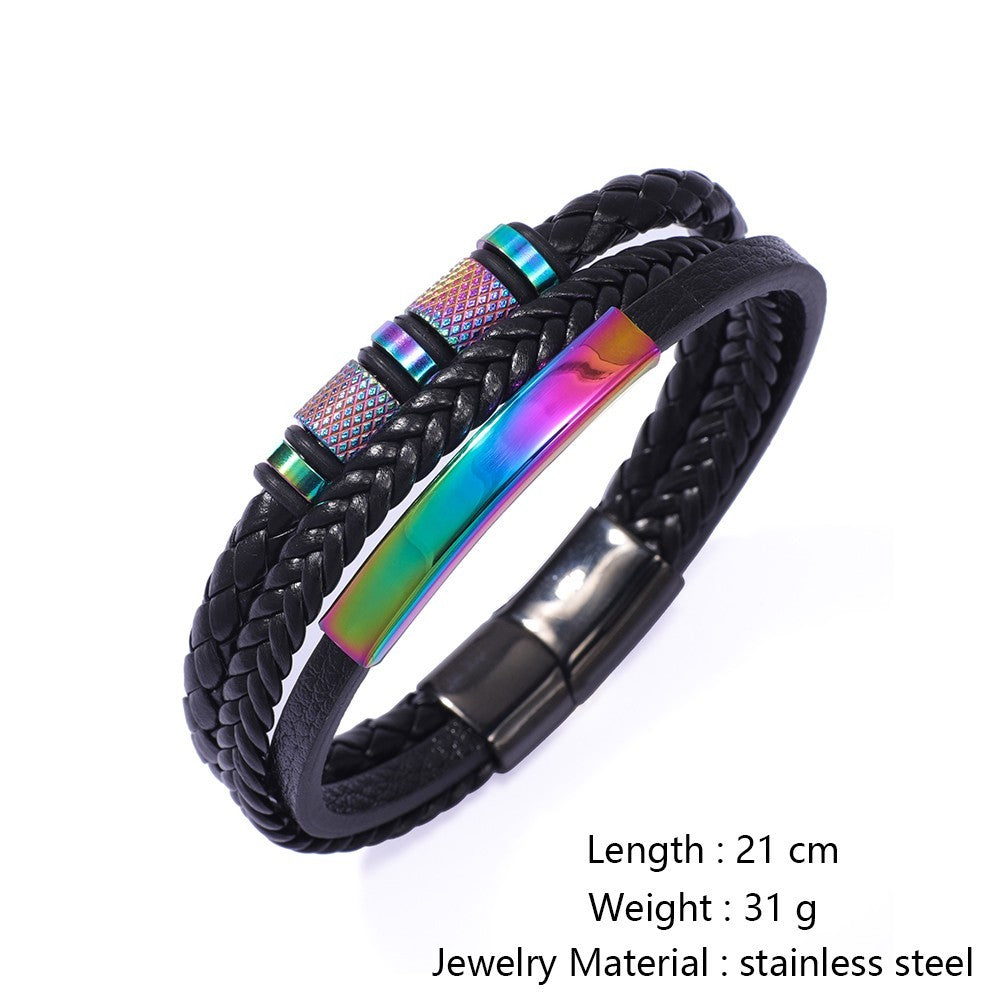 Stainless Steel Multi-colored Hand-woven Men's Leather Bracelet