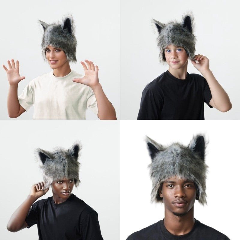 Animal Ear Hooded Cap Plush Winter Windproof Hat Adult Cosplay Event Dressingup