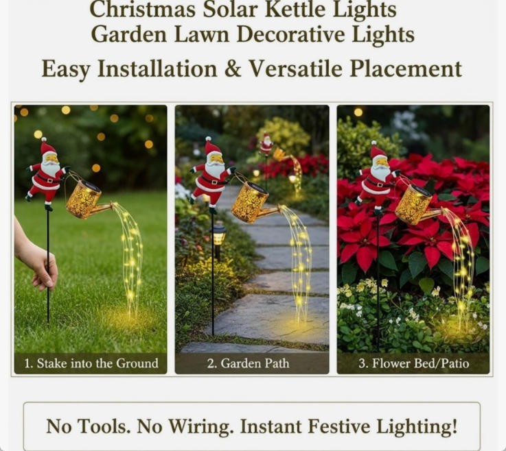 Waterproof Solar Watering Can Lights Outdoor Metal Garden  Decor Christmas Santa