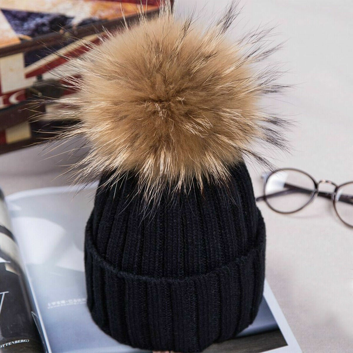 Womens Warm Winter Hat Genuine Fur Pom Pom 15cm Ball Knit Beanie Ski Caps