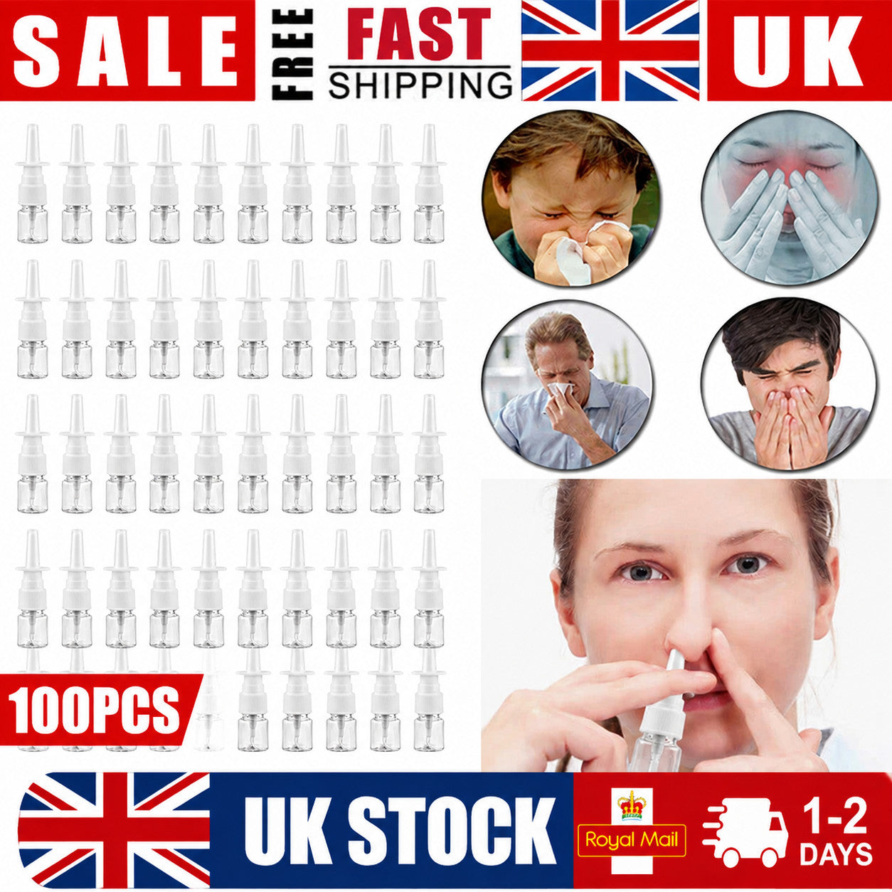 100Pcs 5ml  Empty Nasal Pump Spray Plastic Bottle Refillable White Fine Mist UK