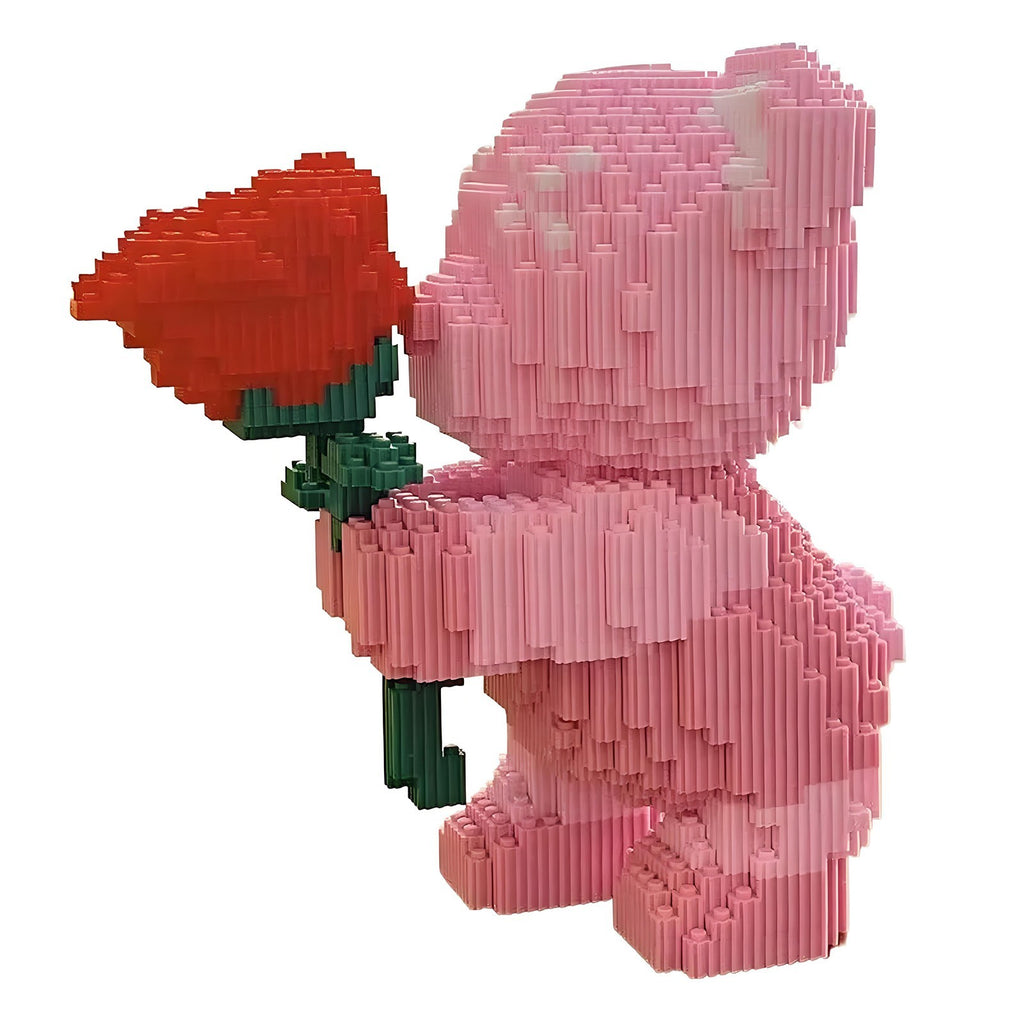 DIY Bear Micro Building Block Toy with Rose Gift for Adults & Boys & Girls