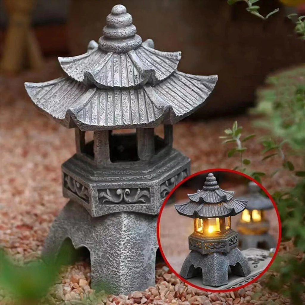 Solar Powered Pagoda Lantern Stone Tower Statue LED Solar Lamp Garden Yard Decor