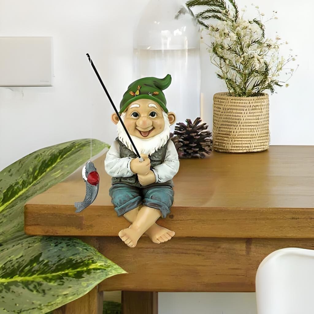 Garden Gnome Fishing Statue Resin Sitting Rod Fish Pond Decor Ornament