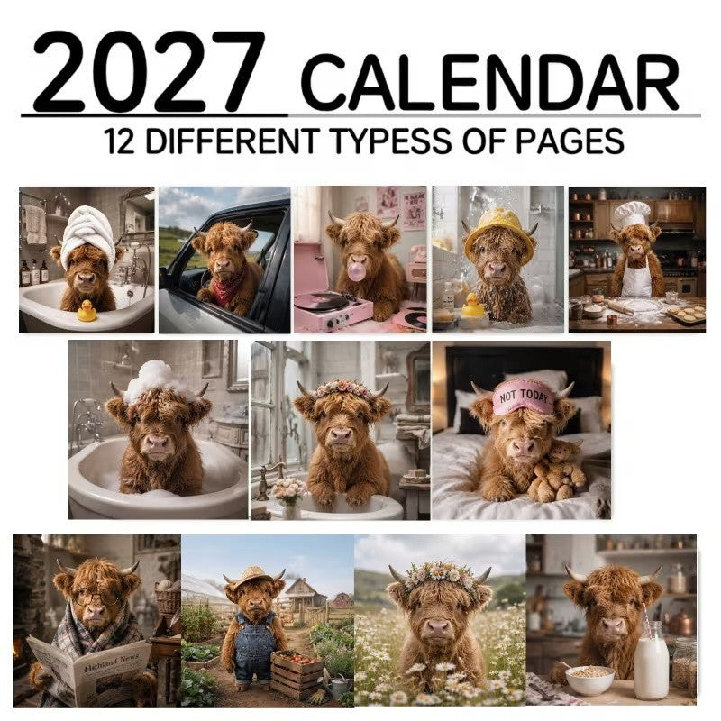 Highland Cow Calendar 2027, Watercolour Cows Monthly Planner Scottish Wall Decor