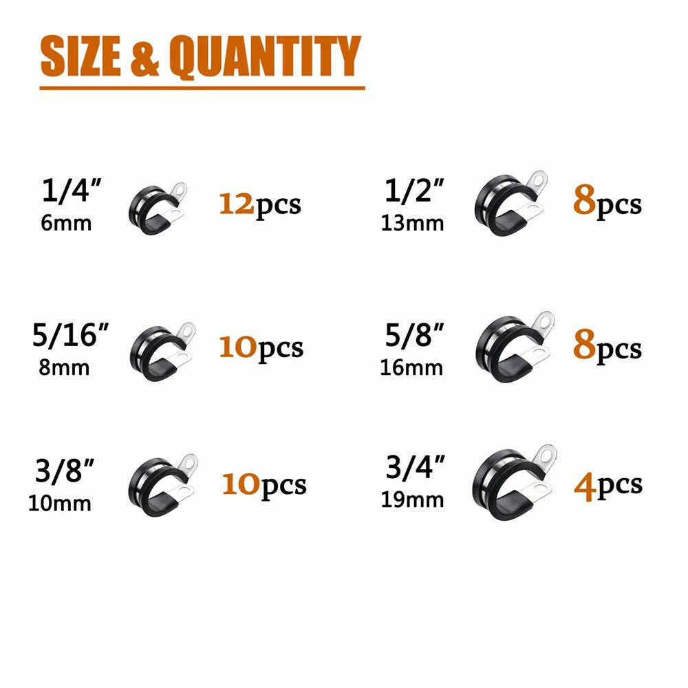 52Pcs Stainless P-Style Clips Rubber Lined Hose Cable Pipe Clamps Boxed Fastener
