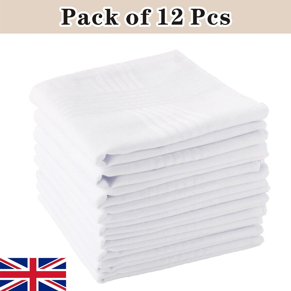 12xMens Large White Square Handkerchief Soft Cotton Hankies Hankerchiefs 40x40cm