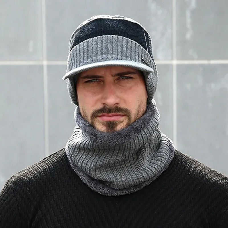 Mens Winter Warm Peaked Beanie Hat Fleece Lined Outdoor Ski Cap with Scarf