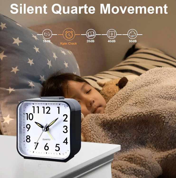 Bedside Mini Alarm Clock Analogue with Night Light – BlackWhite