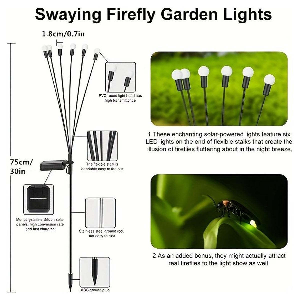 2 Pack Swaying 10 LED Solar Powered Garden Lights Outdoor Firefly Patio Lamp