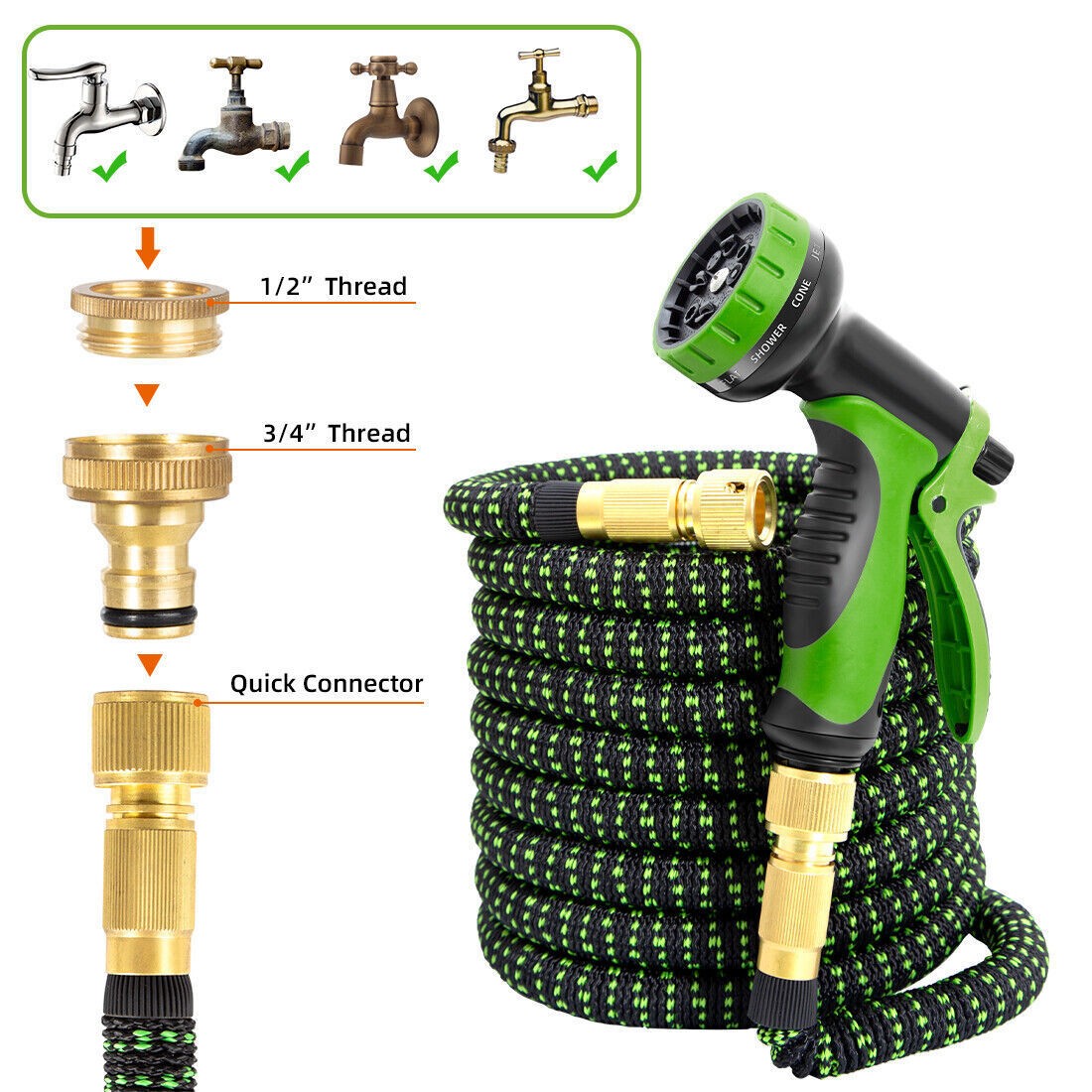 100FT 30M Expandable Garden Hose Pipe 10 Spray Nozzle Flexible Water Hose UK