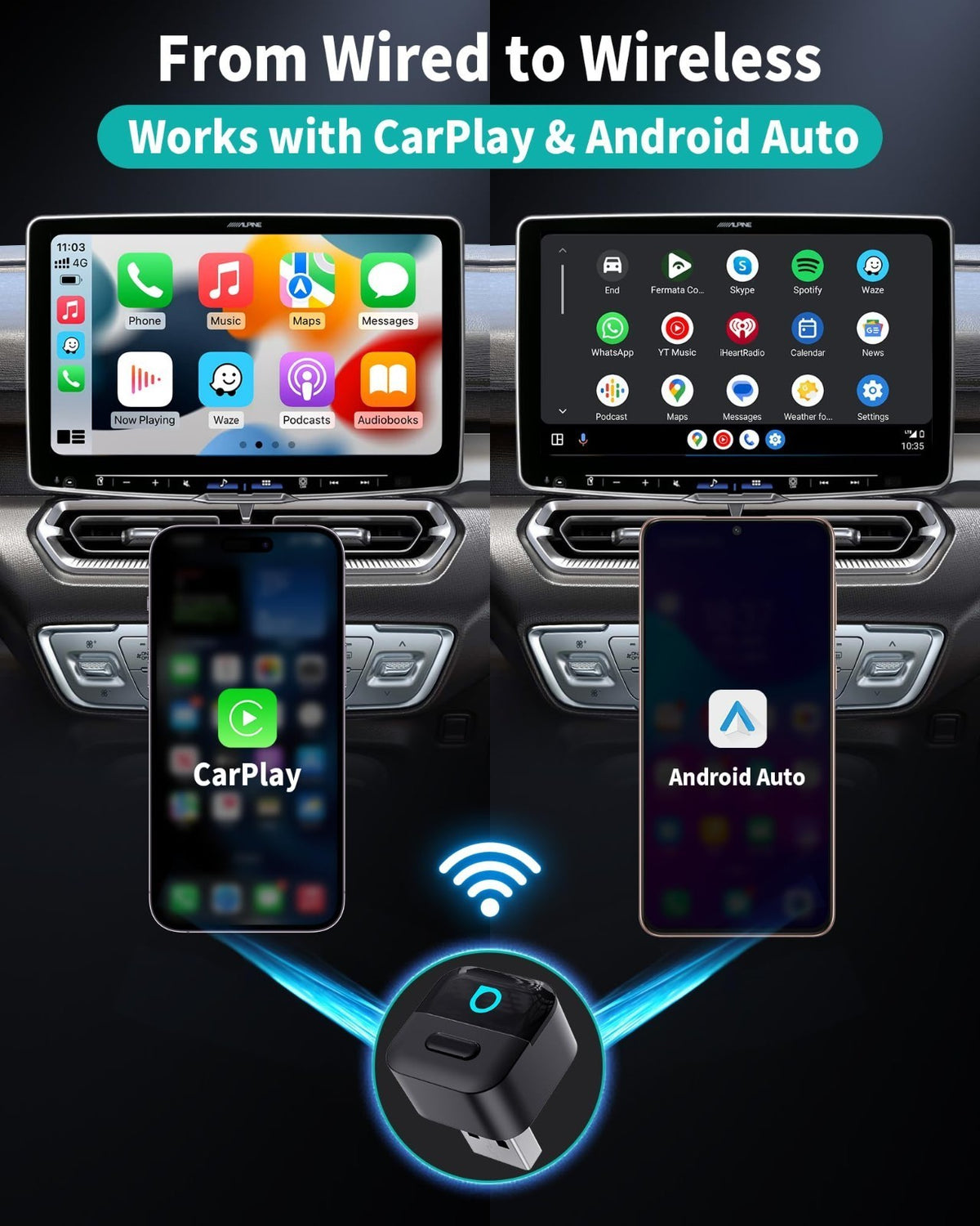 Wireless CarPlay AndroidAuto Adapter USB Dongle 2in1 w/Button