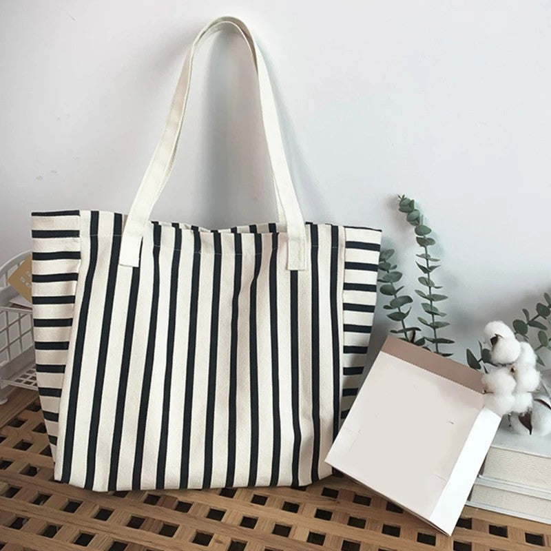 Striped Canvas Beach Tote Women Summer Large Capacity Shopping Shoulder Bag