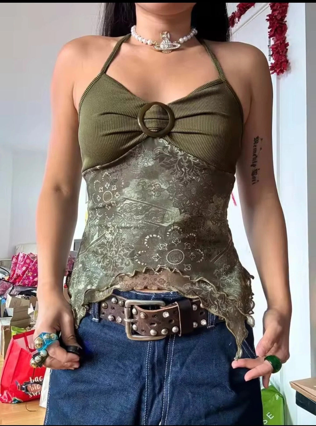 Khaki Lace Halter Top Y2K Cami Vest Vintage