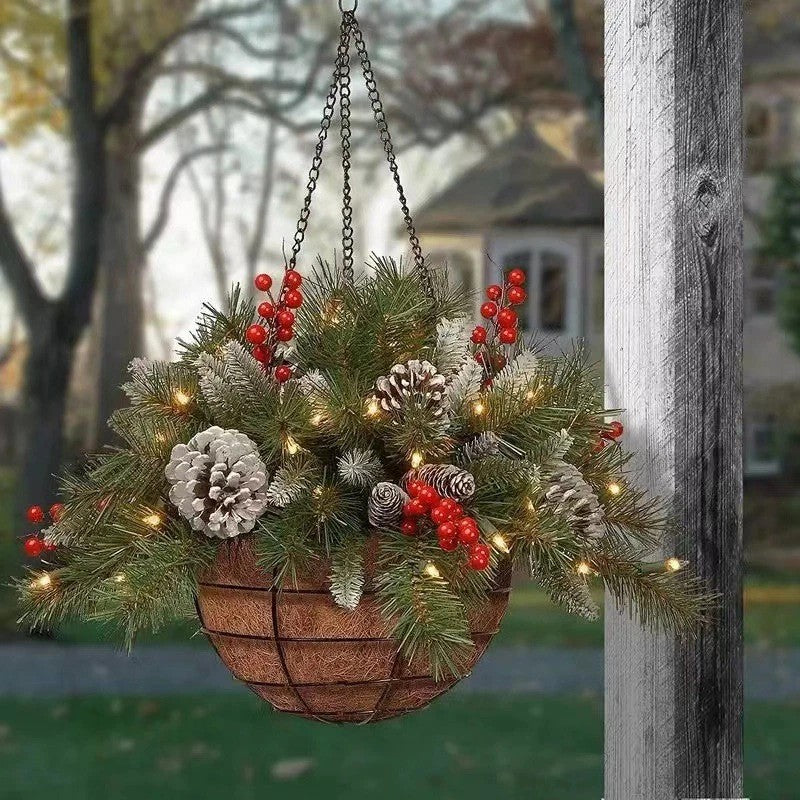 Artificial Christmas Hanging Basket, w/Led Light& Frosted Pine Cones Berry Decor
