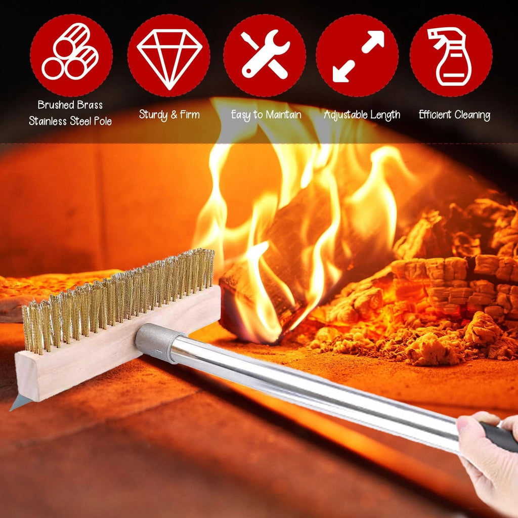 1.6m Top Quality Pizza Oven Brush &Steel Handle Brass Bristles & Steel Scraper