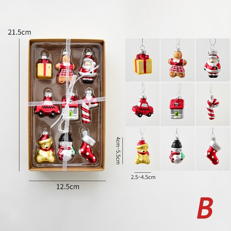 Christmas Tree Ornaments Set 9PCS Hanging Mini Glass Christmas Tree Decorations