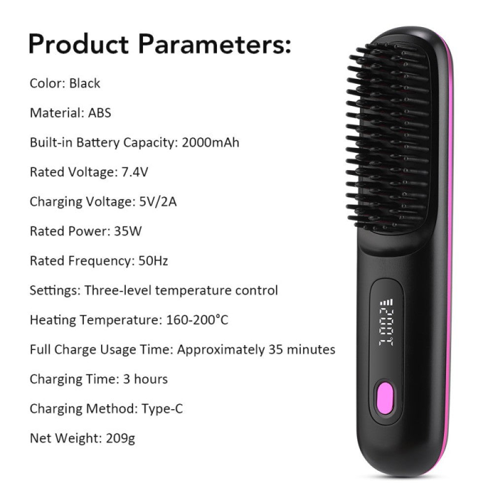 Go Brush Pro, Cordless Hair Straightener Comb, Ionic Heated Hair Brush, Ceramic~
