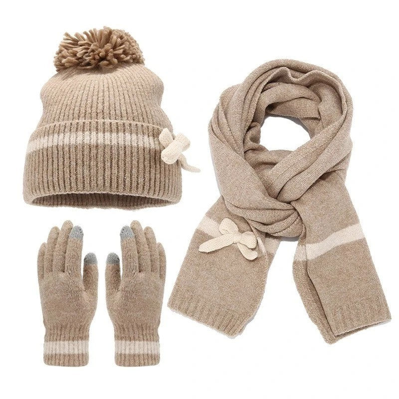 Womens Ladies Thick Knit Hat Scarf AND Touchscreen gloves Set Knitted Winter UK