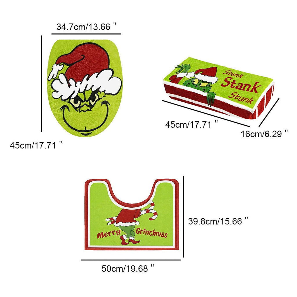 4X Bathroom Toilet Christmas Grinch Decor Sets Seat Collar Cover Non-slip Mat