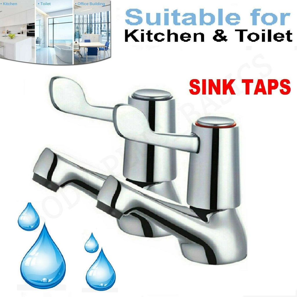 1x Pair Basin Sink Pillar Taps Disabled Lever 1/4 Turn Chrome 1/2" Hot Cold Set