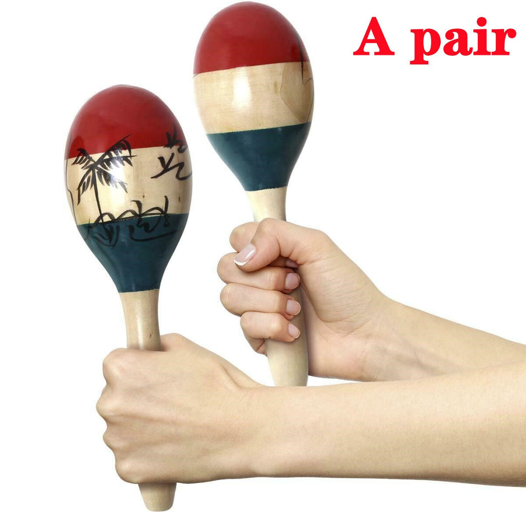 Pair Large Adult Wood Maracas Colourful Wooden Tropical Party Percussion Shakers