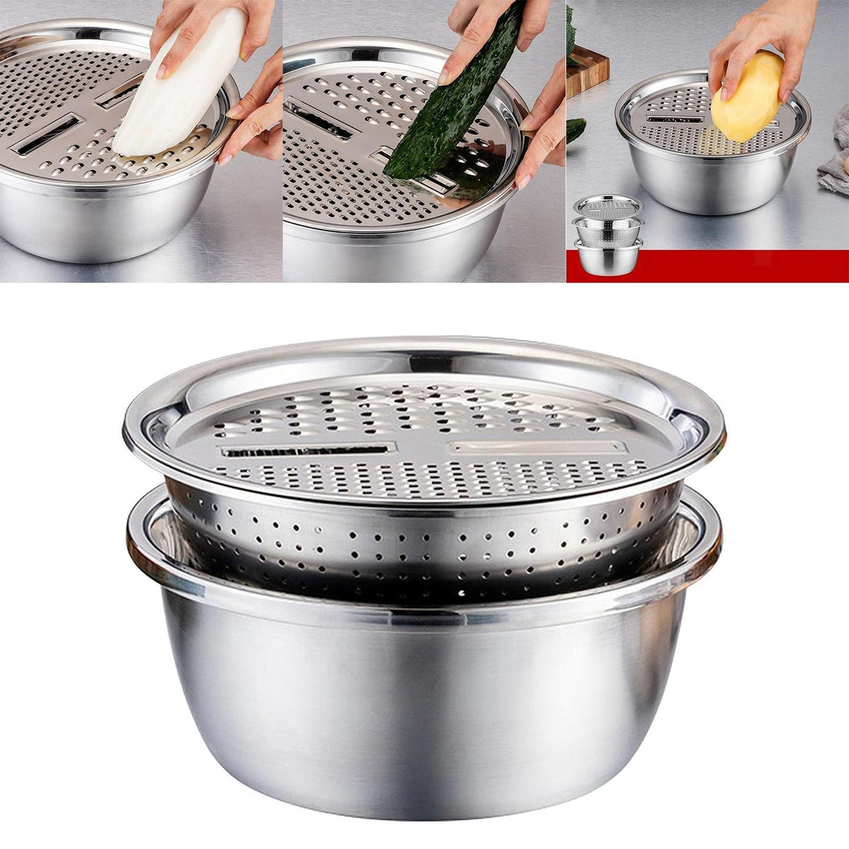 28cm Kitchen Multi-functional Stainless Steel Basin With Filter Grater Bowl Set