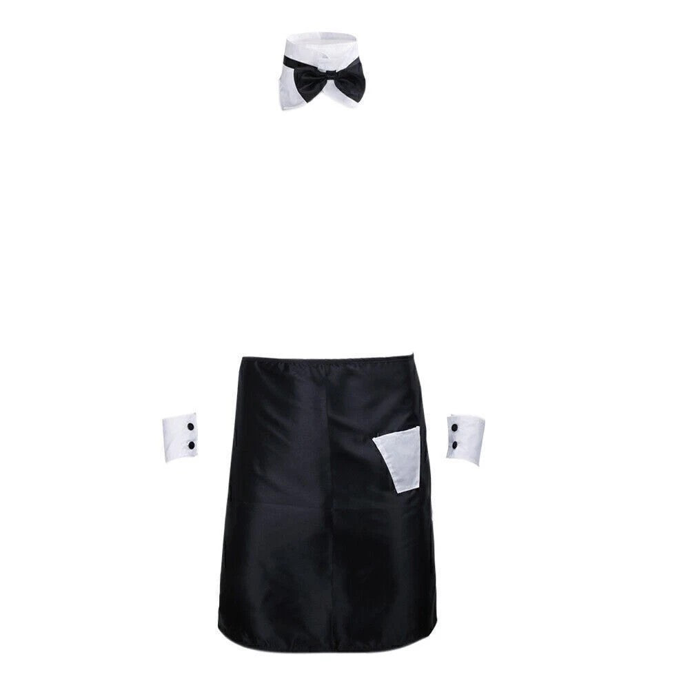 Mens Cosplay Costume Apron Waiter Outfit with Bow Tie Collar Cuffs Set UK