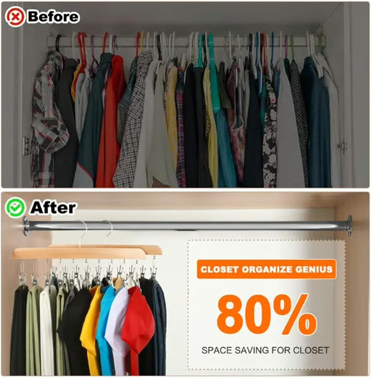 Upgraded Closet Organizer with 10 Clips-360°Swivel Multi-Hook Wardrobe Organizer