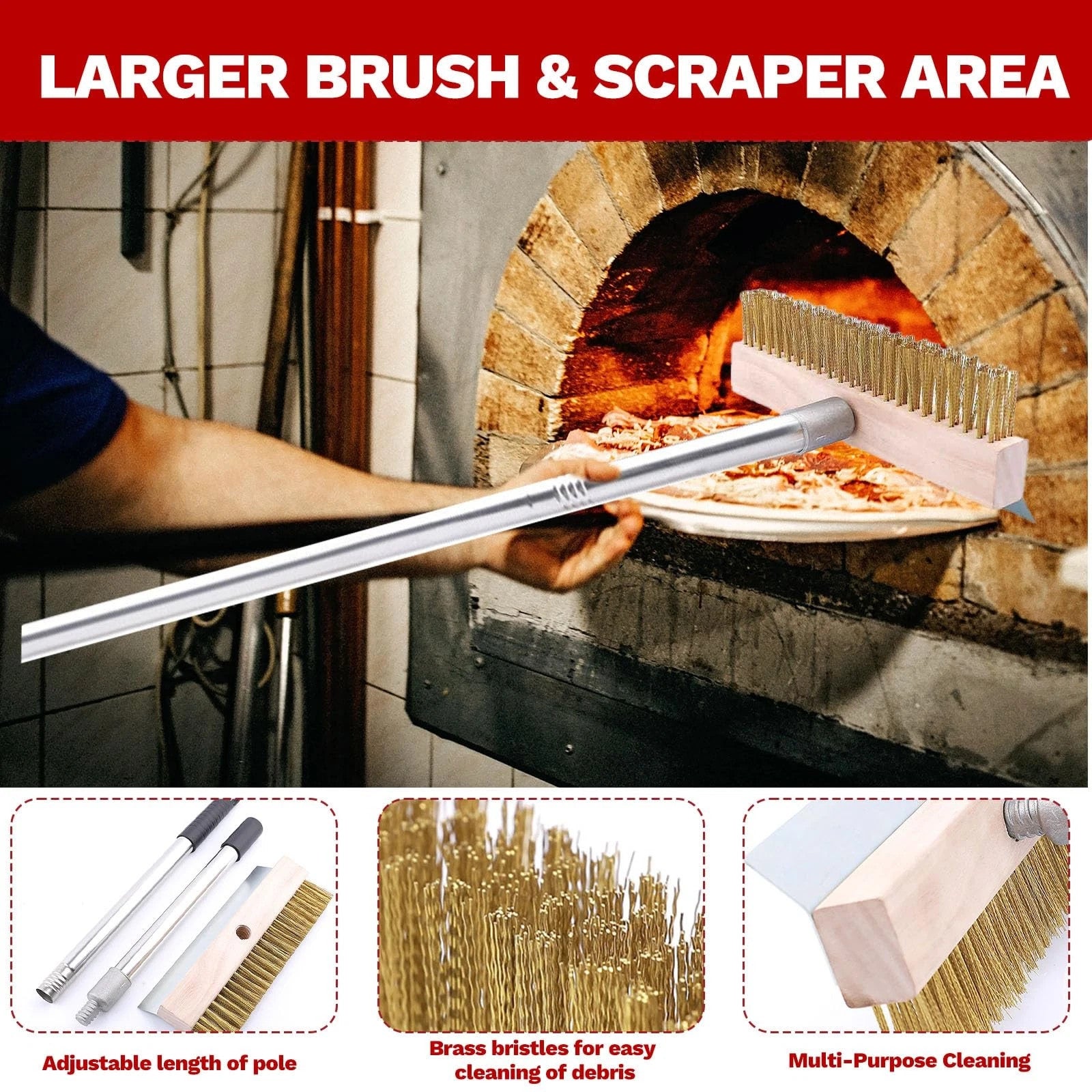 1.6m Top Quality Pizza Oven Brush &Steel Handle Brass Bristles & Steel Scraper
