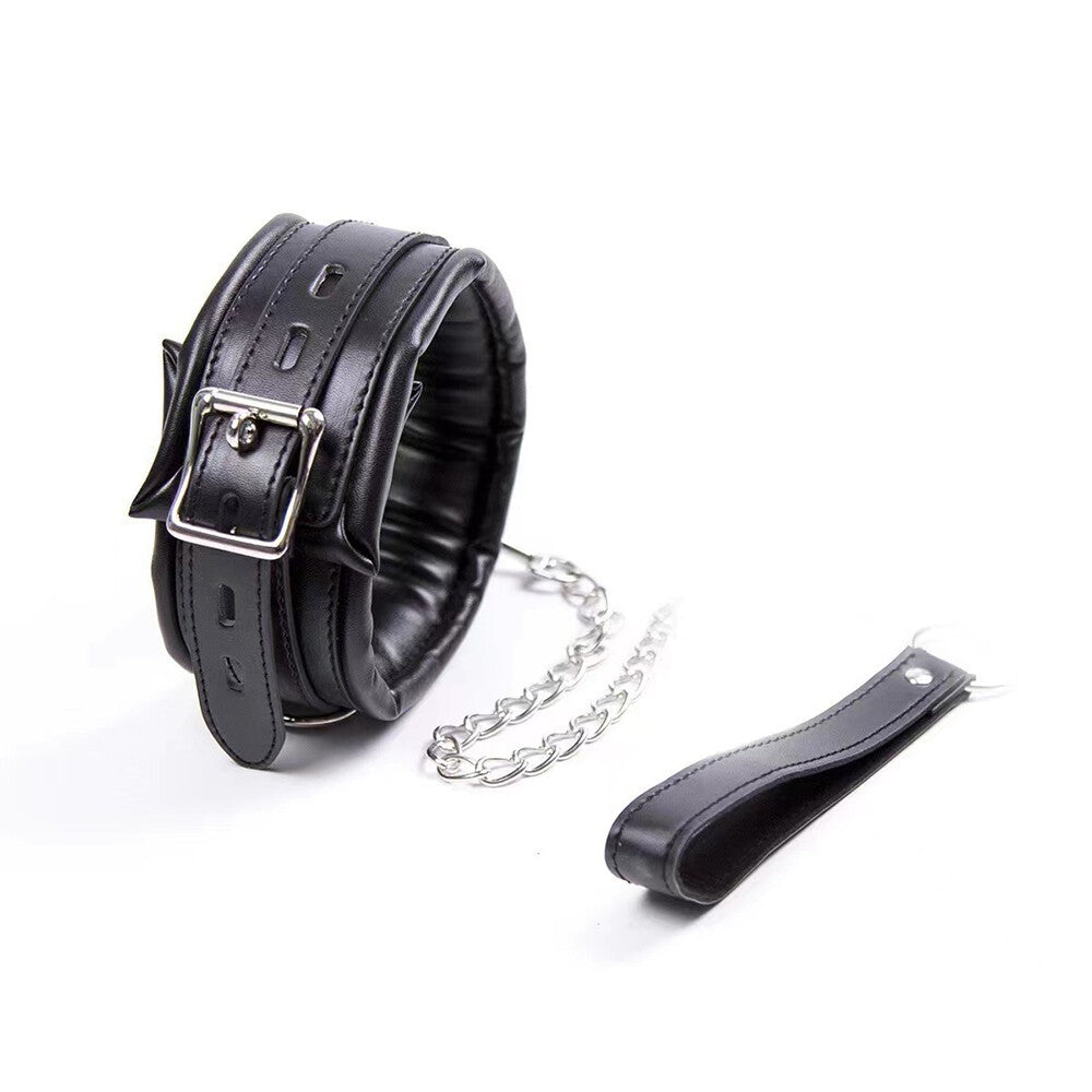 PU Leather Padded Neck Collar Chocker With Leash Chain Slave Game Bondage BDSM