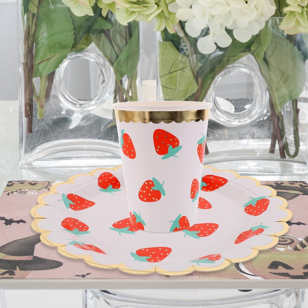2X Strawberry Themed Napkins Disposable Tableware Plates Cups Straws Set for
