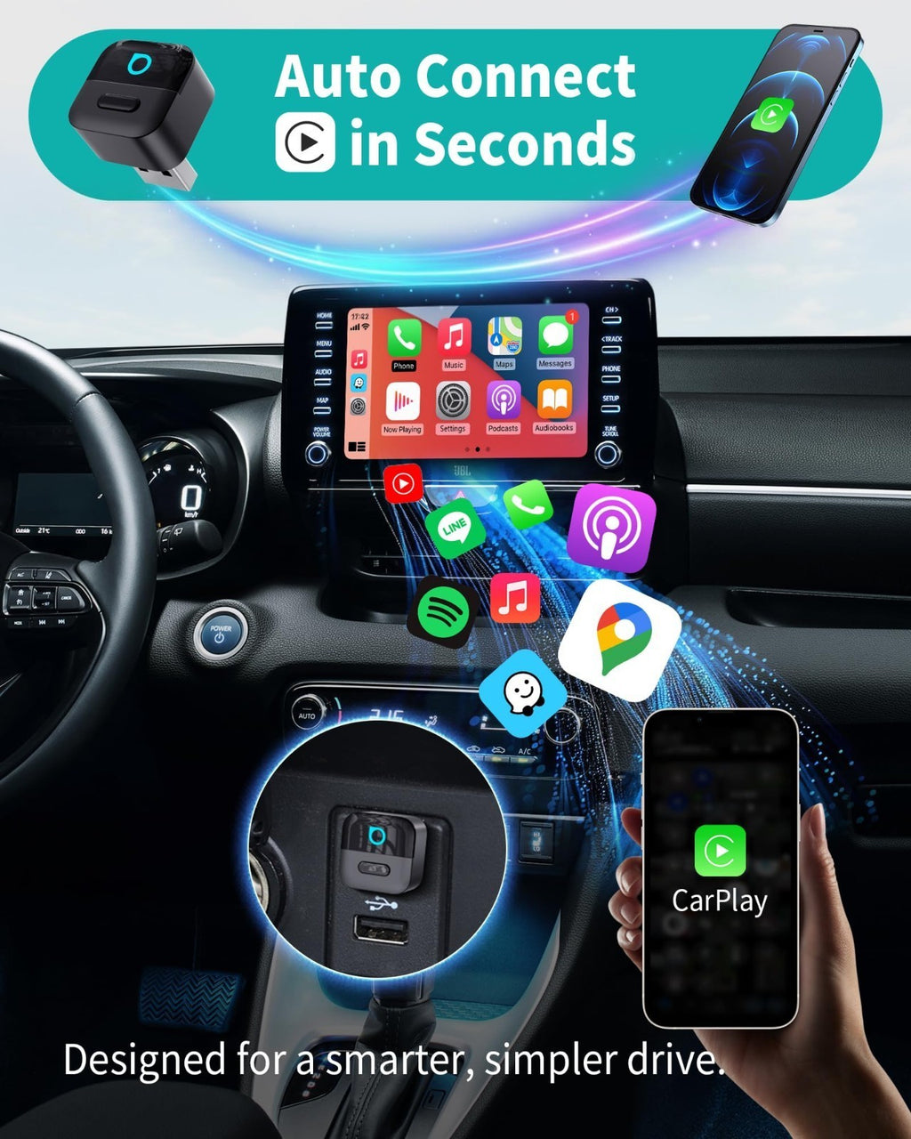 Wireless CarPlay AndroidAuto Adapter USB Dongle 2in1 w/Button