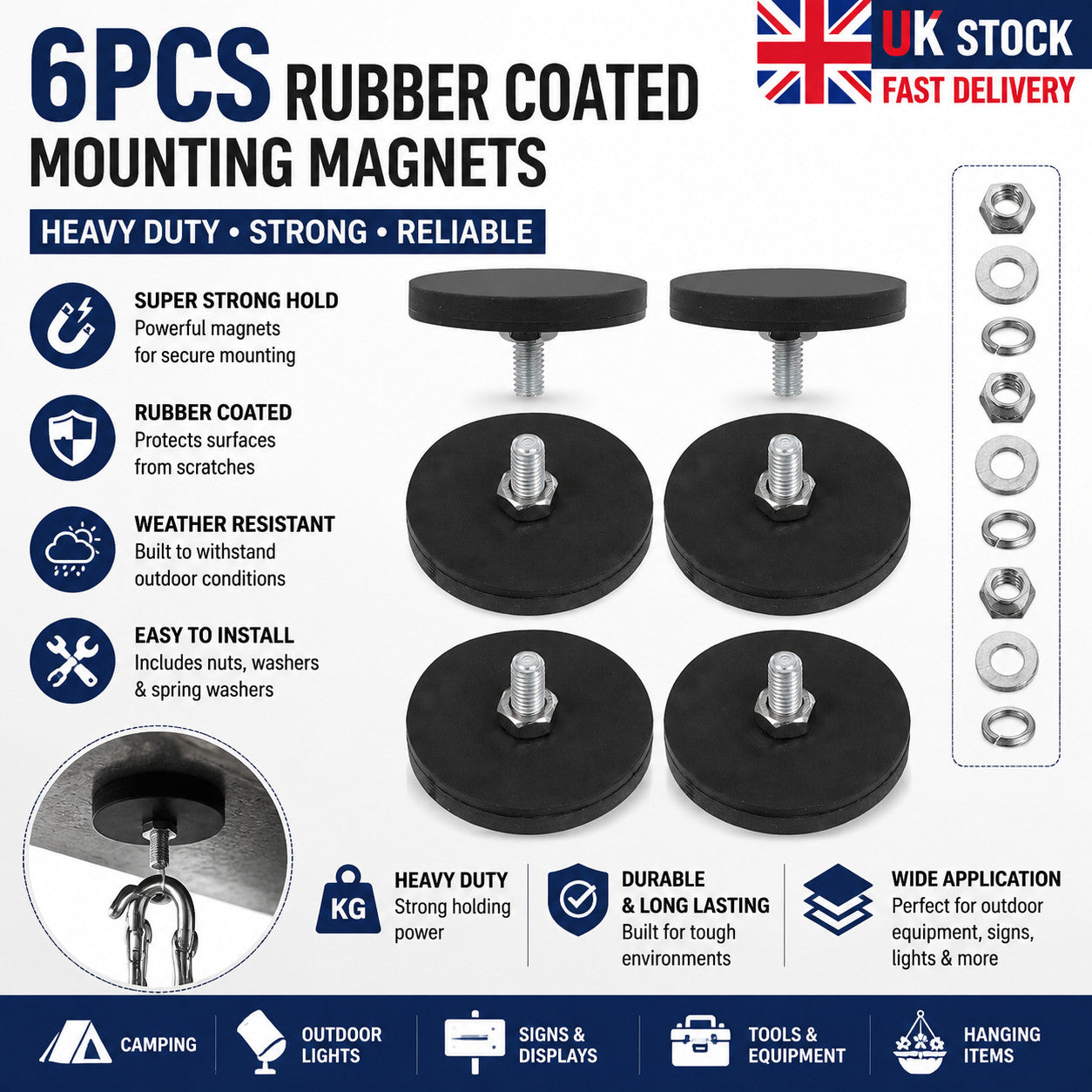 6pcs Heavy Duty Rubber Coated Magnets Mounting Set Outdoor Equipment