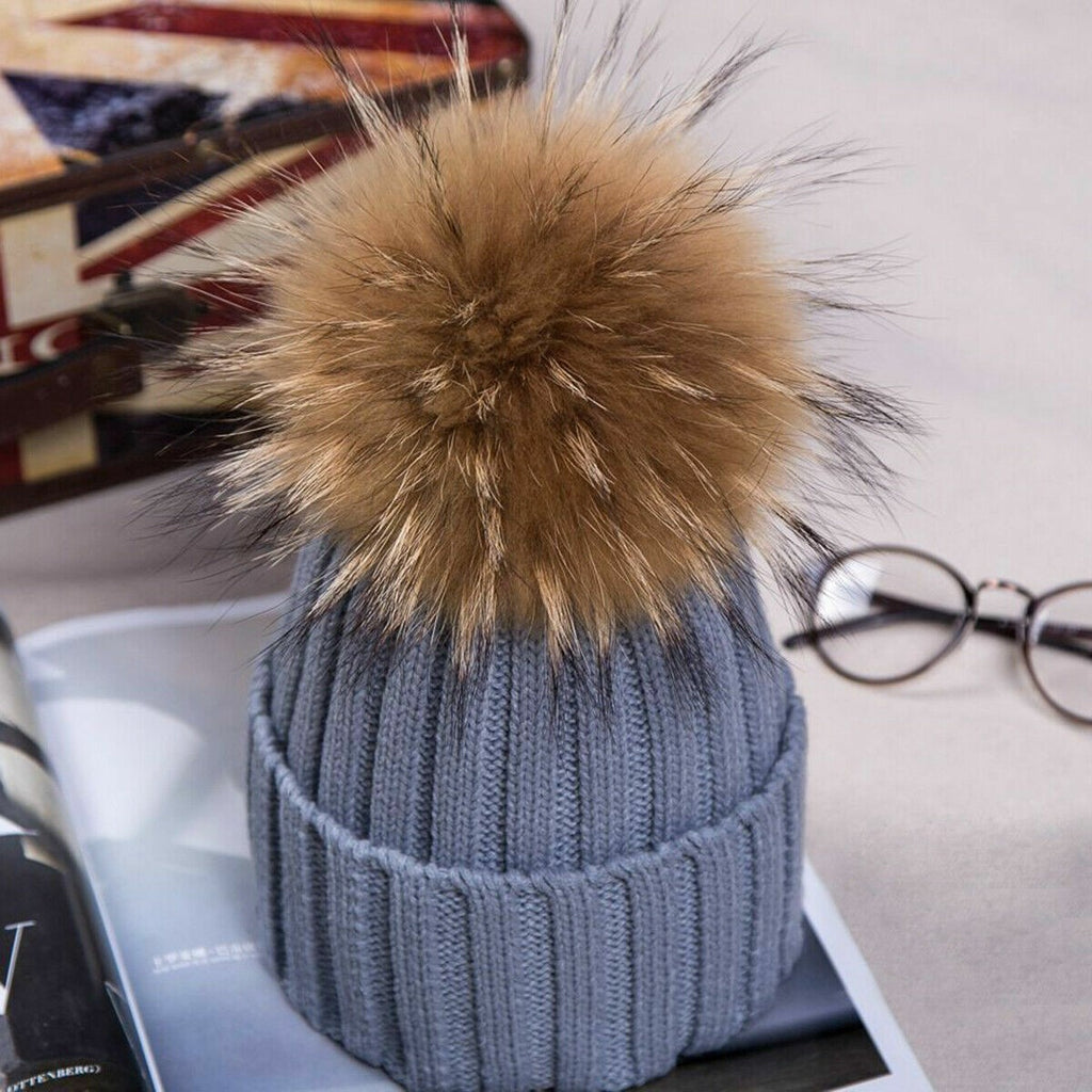 Womens Warm Winter Hat Genuine Fur Pom Pom 15cm Ball Knit Beanie Ski Caps