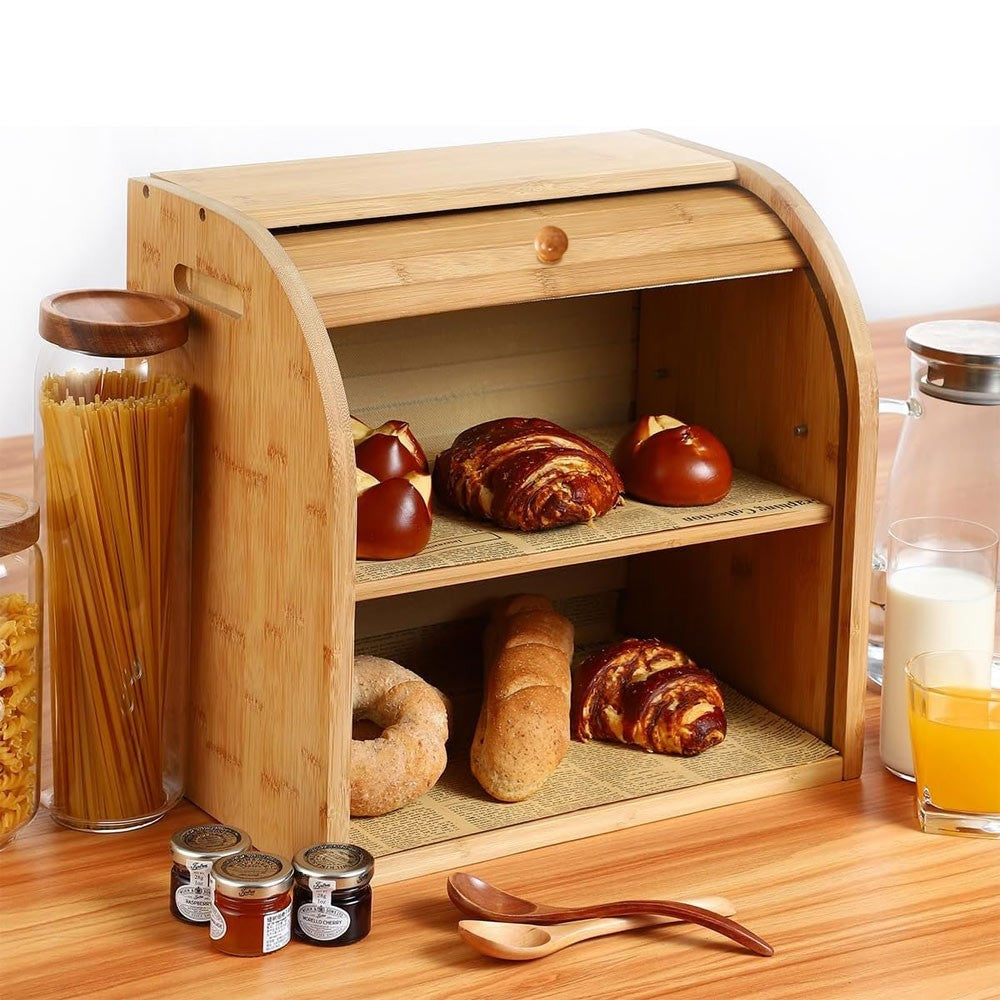 2 Tier Bamboo Bread Bin Double Layer Kitchen Storage Container Loaf Bread Box UK