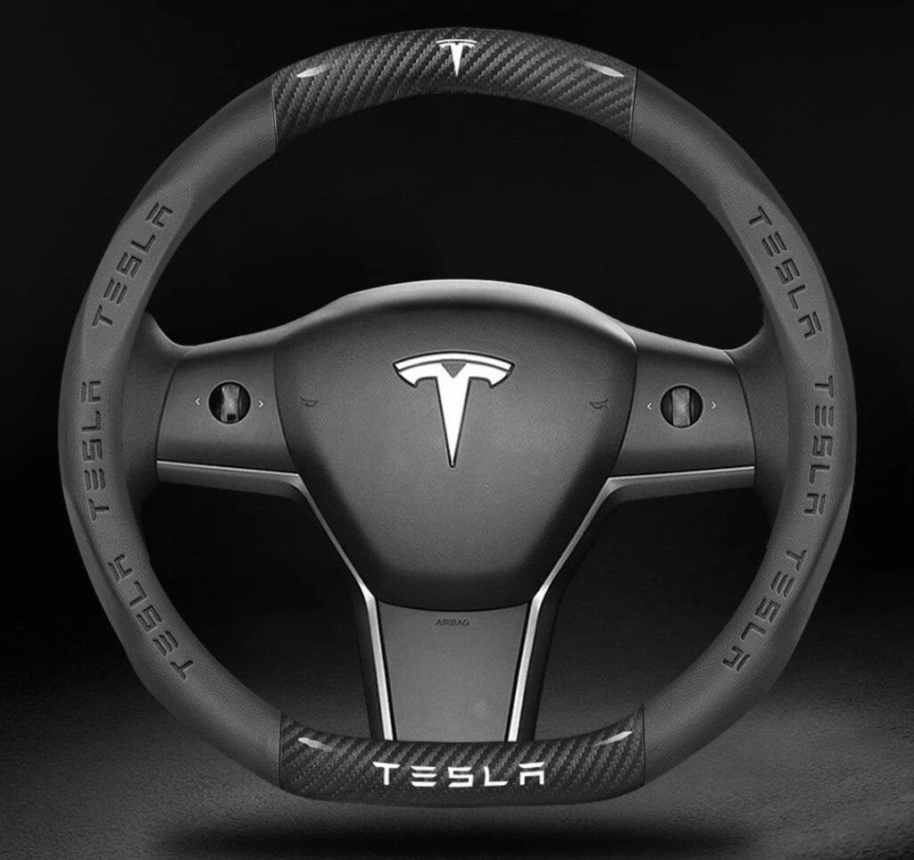 15" Steering Wheel Cover PU Leather+Carbon Fiber For 2008-2025 Tesla All Models