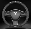 15" Steering Wheel Cover PU Leather+Carbon Fiber For 2008-2025 Tesla All Models