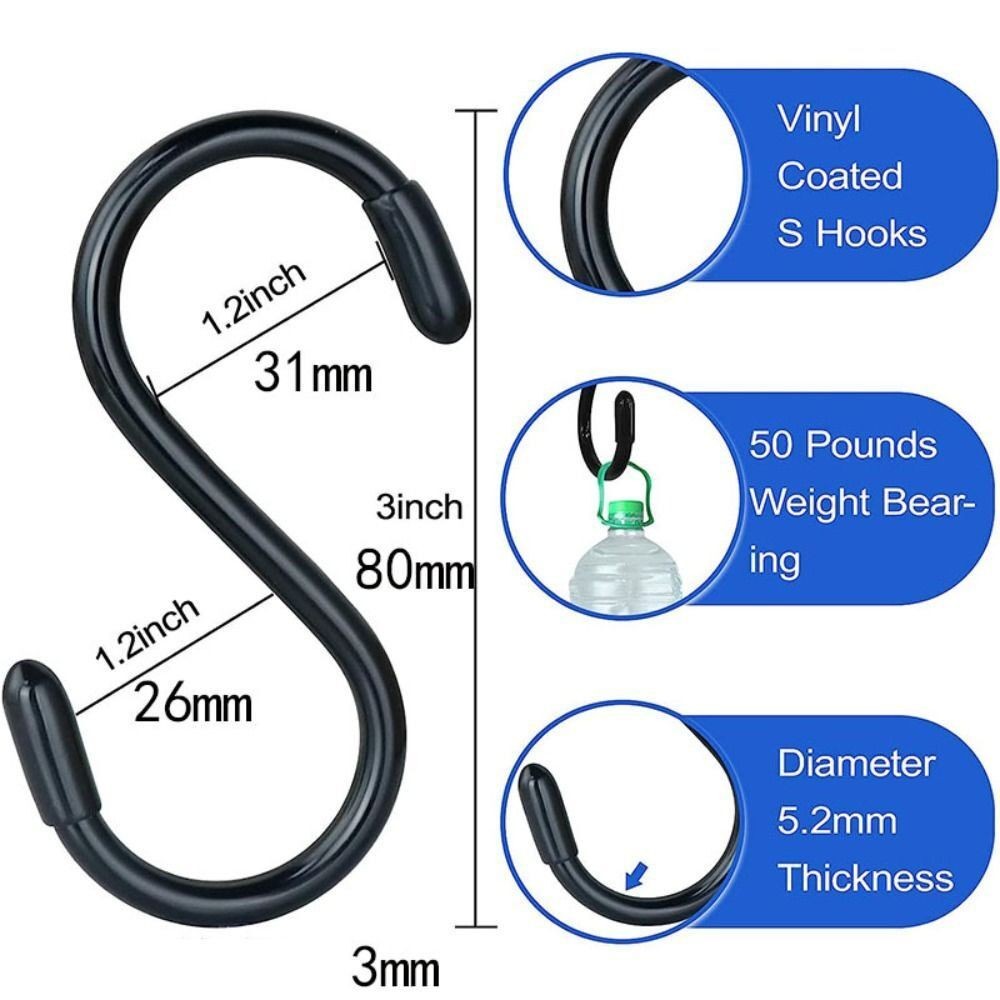 12pcs iron Metal  S Hook Black Heavy Duty S Hooks Vinyl Coated S Hooks  Kitchen