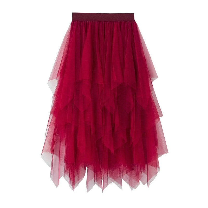 *Women's* Vintage Solid Color Layered Irregular Mesh Skirt Tulle Bubble Skirt.